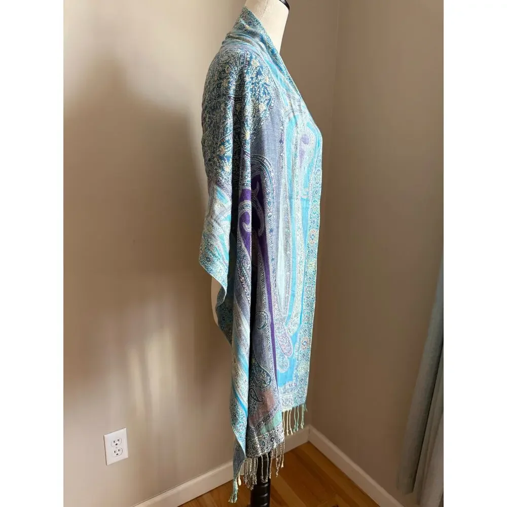 Pastel Paisley Scarf Blue Lavender Silky Fringe Wrap 75x20 Cottage Coquette Soft